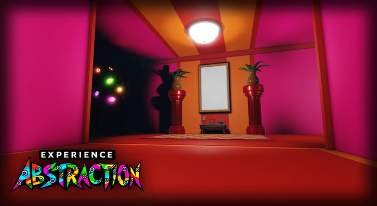 Official Experience Abstraction screenshot of a bright pink room opening into darkness beside a shadowy figure.
