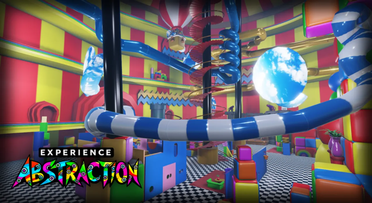 Official Experience Abstraction screenshot of the colorful circus interior with twisting blue and red tubes.