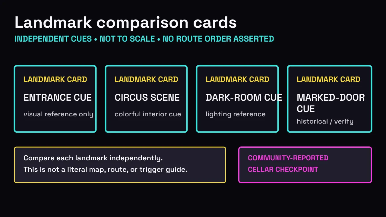 Site-authored comparison of unconnected entrance, circus, dark-room, and marked-door landmark cards, with the Cellar shown separately as community-reported.