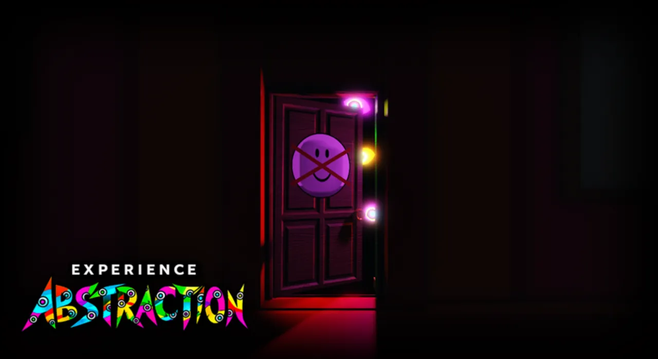 Official Experience Abstraction screenshot of a glowing marked door opening from a dark corridor.